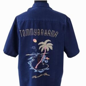 VTG Embroidered PARADISE OPEN Hawaii Golf Tommy Bahama Navy Blue Silk Shirt (L)